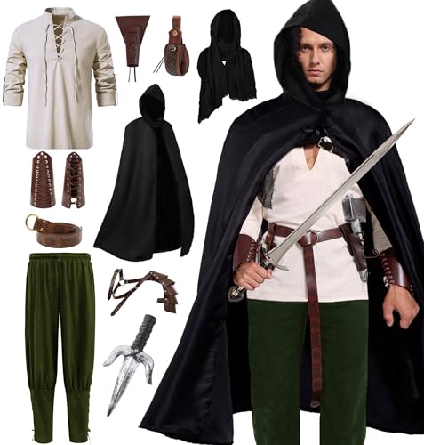 Akokvlar Renaissance-Kostüm für Herren, mittelalterliches Piratenhemd, Knöchelhose, Wikinger-Outfit-Set (klein, grün), 10-teilig von Akokvlar