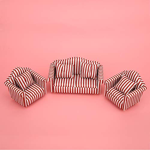 Akozon 1:12 Mini Dollhouse Sofa Set Orange Rot Gold Gestreiftes 3 -teilige Möbel mit 4 Kissen von Akozon