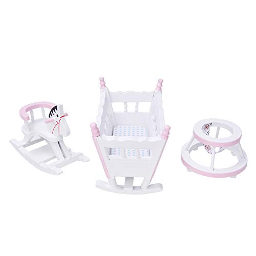Akozon 1:12 Skala Dollhouse Möbel Set Mini Holz Wiege, und Kinderwagenzubehör (White) von Akozon