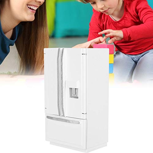 Akozon 1:12 Skala Mini Birch Holzdoppeltür -Kühlschrankmodell für Puppenhäuser (Weiße Silberkanten) von Akozon