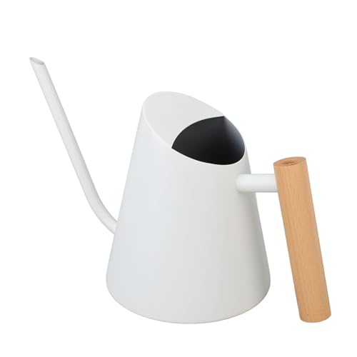 Akozon Weniger Stahlwässerung mit Langem Ausguss Mattes Innenpflanzenwässerung mit Komfortables Holzgriff für Haus- und Gartengebrauch (White) von Akozon