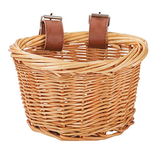 Alacritua Rattan Fahrradkorb für Kinder, Handgewebter Kleiner Fahrradkorb, Fahrradkorb Kinder Vorne Lenkerkorb mit 2 verstellbaren Lederriemen, für 12 Zoll Fahrrad, Laufrad, Frontkorb von Alacritua