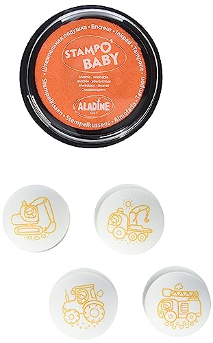 Aladine 3055213 Stampo Baby Baumaschinen Kreativset, 4 Stempel und 1 Stempelkissen, Orange, groß von Aladine