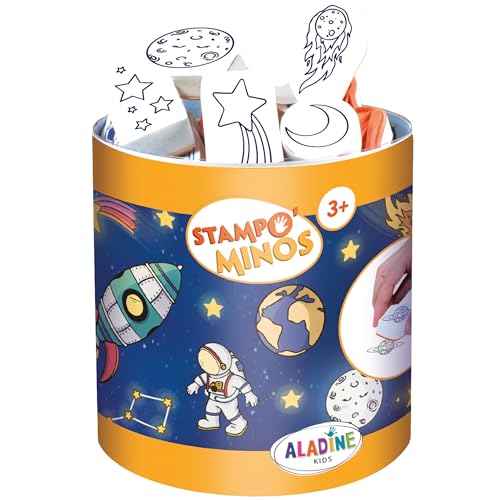 Aladine 85099 13 Raum-Stempel mit Stempelkissen, ab 3 Jahren, Stampominos, waschbare Tinte, Raketenplanet, Weltraum, Aktivität, Kinder, Zeichnen, Geschenkidee, Mehrfarbig von Aladine