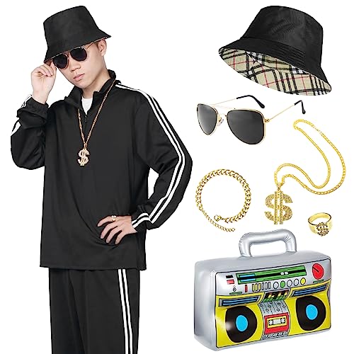 Alaiyaky 80er 90er Jahre Outfit Herren Damen, 8Pcs Schwarz Karneval Kostüm 80er Jahre Trainingsanzug, Neuer 90er 80er Jahre Outfit Retro Anzug für Bad Taste Party Paare Outfit (Schwarz, M) von Alaiyaky