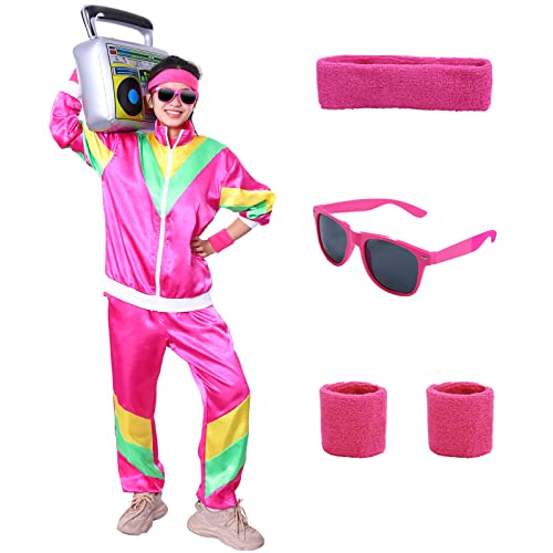 Alaiyaky 80er Jahre Outfit Damen Trainingsanzug, Jacke/Hose/Stirnband/Armschienen/Brille, Retro Style Jogginganzug, 90er Outfit, Bad Taste Party, Karneval (Rosa Rot, S) von Alaiyaky
