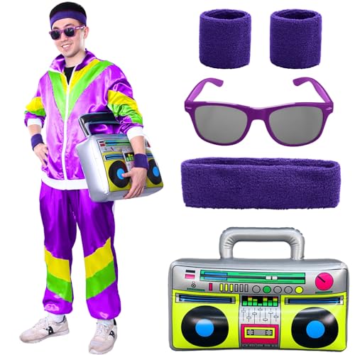 Alaiyaky 80er Jahre Outfit Set, 90er Jahre Outfit Damen Herren 80er Trainingsanzug mit Jacke Hose Schweißbänder Brille Aufblasbarer Ghettoblaster, Bad Taste Outfit für Karneval Mottoparty (Lila, XL) von Alaiyaky