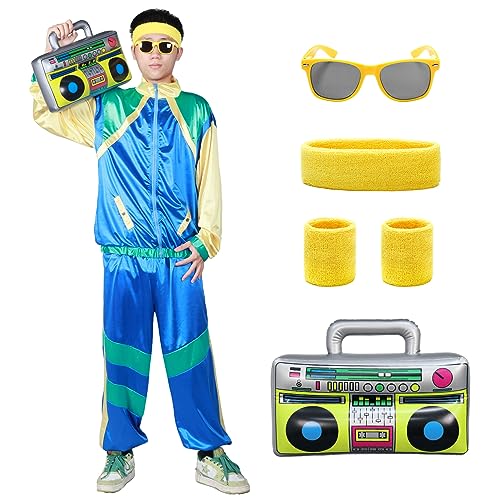Alaiyaky 90er 80er Jahre Outfit, Retro Jogginganzug Herren Damen 80er Trainingsanzug mit Hose Anzug Schweißbänder Brille Ghettoblaster, 80er Kostüm Bad Taste Outfit für Karneval Faschings (L, Blau) Alaiyaky 90er 80er Jahre Outfit, Retro Jogginganzug Herren Damen 80er Trainingsanzug mit Hose Anzug Schweißbänder Brille Ghettoblaster, 80er Kostüm Bad Taste Outfit für Karneval Faschings (L, Blau) von Alaiyaky
