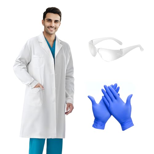 Alaiyaky Arztkittel Set, Arztkittel Damen Laborkittel Herren Arzt Kostüm mit Nitrilhandschuhe Schutzbrille, Medizinische Berufsbekleidung Weiß Kittel Unisex Mantel für Cosplay Labor Schule (Weiß, S) von Alaiyaky