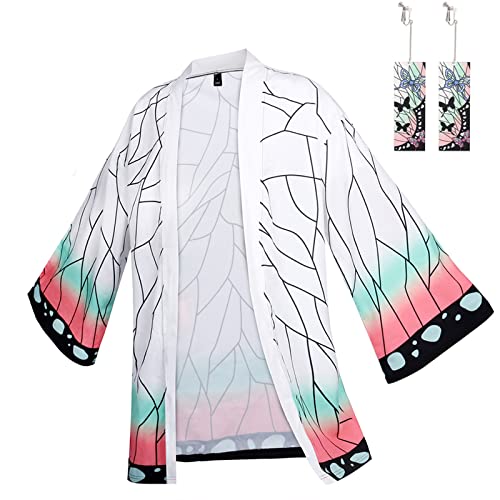 Alaiyaky Cosplay Kimono, Tanjirou/Shinobu/Nezuko/Tomioka Giyuu/Zenitsu Cosplay Kostüm Tanjirou Merch Anime Jacke Halloween Strickjacke Haori Robe Tanjirou Umhang mit Ohrringe (XXL, Kochou Shinobu) von Alaiyaky