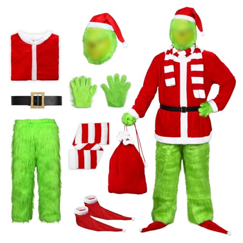 Alaiyaky Grinch Kostüm Erwachsene, 8 Stück Weihnachtsmann Kostüm Grinch Anzug mit Maske Oberteil Hose Schal Stiefel Handschuhe Gürtel Geschenktüte, Grinch Nikolaus Kostüm für Weihnachten (Typ B, XL) von Alaiyaky