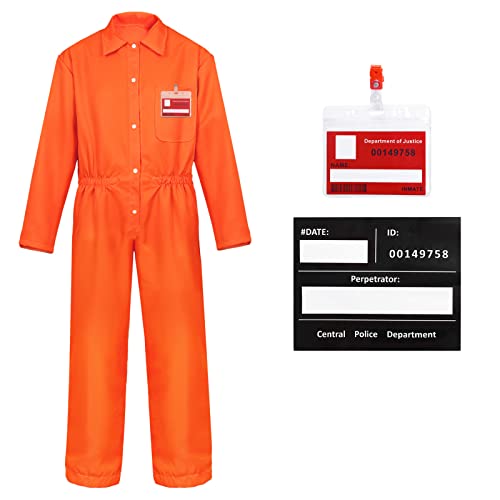 Alaiyaky Halloween Onesies für Erwachsene, Häftlings Outfits Orange Gefängnis Kostüm mit Informationstafel und Visitenkarte, Häftlings Kostüm für Halloween Karneval Mottoparty (Orange, L) von Alaiyaky