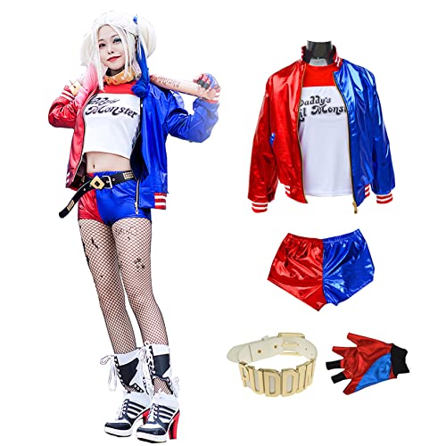 Alaiyaky Harley Damen Cosplay Kostüm, Suicide Squad Halloween Outfit inklusive Jacke, Shorts, T-Shirt, Handschuhe, Halsband (XL, Rot und Blau) von Alaiyaky