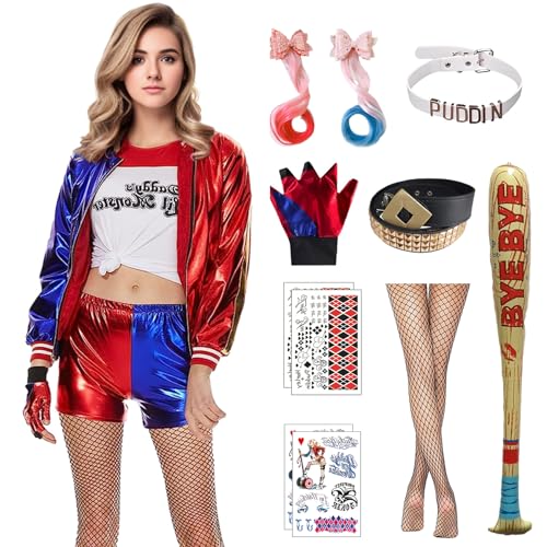 Alaiyaky Harley Kostüm Damen, Quinn Cosplay Suicide Squad Outfits Quinn Kostüm mit Handschuhen Halskette Perücke Strümpfe Aufkleber Ballon, Coole Mädchen Outfits für Karneval Halloween (Damen, M) von Alaiyaky