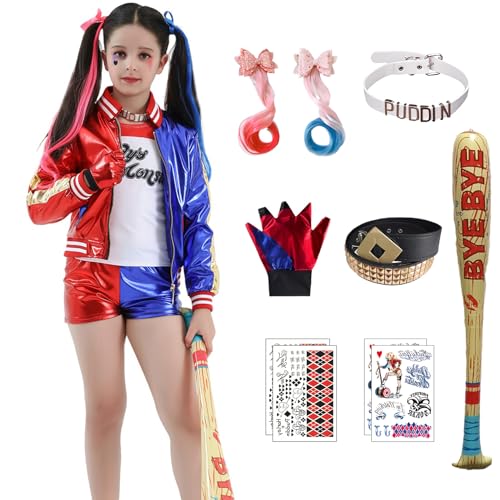 Alaiyaky Harley Kostüm Damen, Quinn Cosplay Suicide Squad Outfits Quinn Kostüm mit Handschuhen Halskette Perücke Strümpfe Aufkleber Ballon, Coole Mädchen Outfits für Karneval Halloween (Mädchen, 110) von Alaiyaky