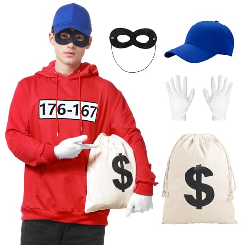 Alaiyaky Herren Bankräuber Kostüm, Gangster Panzerknacker Kostüm Karneval Fasching Outfit mit Kapuzenpullover Maske Handschuhe, T-Shirt Herren Banditen Kostüm Fasching & Karneval (Stil C, S) von Alaiyaky