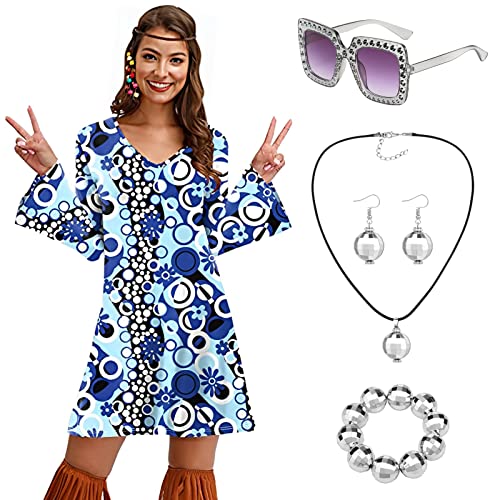 Alaiyaky Hippie Kostüm Damen Kleid, 70er Jahre Hippie Kleidung Damen Karneval Halloween Kleidung Damen Bohemian Musikfestival Hippie Kleid Und Ein Komplettes Hippie Accessoires 7 Pcs (Blau, M) von Alaiyaky