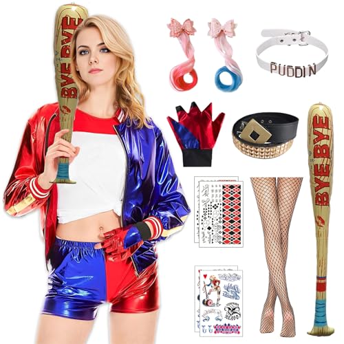 Alaiyaky Kostüm Harley Damen, Quinn Kostüm Harley Cosplay Kostüm mit Jacke T-Shirt Halskette Shorts Handschuhe Perücke Ballon selbstklebend Gürtel unten Halloween Kostüm für Mädchen (Damen, XL) von Alaiyaky