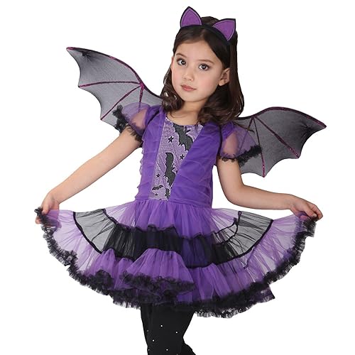Alaiyaky Mädchen Fledermaus Halloween Kostüm, Hexen Cosplay Outfit Lila Schwarz Tutu Kleid mit Kopfschmuck, Karneval Kostümparty Halloween Kostüm für Kinder (110) von Alaiyaky