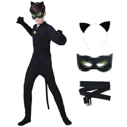 Alaiyaky Faschingskostüme Kinder, Karneval Kostüm Set Noir Cat Kostüm Tierkostüm mit Maske Haarband Gürtel, Noir Cat Outfits Faschings Kostüm Kinder Verkleidungskiste für Halloween (Noir, 130) von Alaiyaky