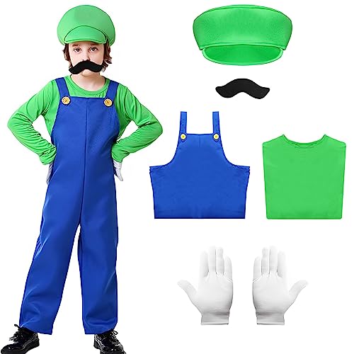 Alaiyaky Mario Kostüm Set für Kinder, 6 Pcs Mario und Luigi Kostüm Mario Cosplay Outfit mit T-Shirt Latzhose Hut Handschuhen Bart, Super Klempner Outfit für Karneval Halloween (Grün, L) von Alaiyaky