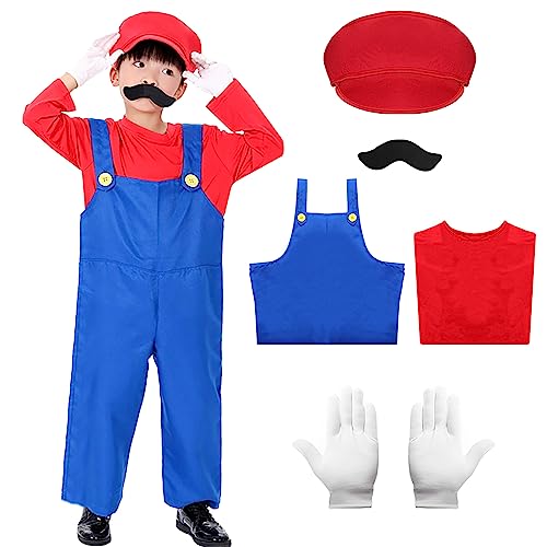 Alaiyaky Mario Kostüm Set für Kinder, 6 Pcs Mario und Luigi Kostüm Mario Cosplay Outfit mit T-Shirt Latzhose Hut Handschuhen Bart, Super Klempner Outfit für Karneval Halloween (Rot, M) von Alaiyaky