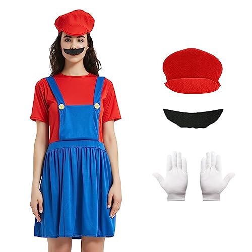 Alaiyaky Mario und Luigi Kostüm für Erwachsene und Kinder - Super Klempner Overall, Bros Cosplay Outfit Mit Hut, Bart, Handschuhen für Halloween, Karneval (Damen Mario, XL) Alaiyaky Mario und Luigi Kostüm für Erwachsene und Kinder - Super Klempner Overall, Bros Cosplay Outfit Mit Hut, Bart, Handschuhen für Halloween, Karneval (Damen Mario, XL) von Alaiyaky