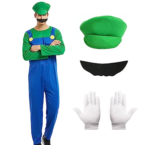 Alaiyaky Mario und Luigi Kostüm für Erwachsene Kinder, Mario Kostüm Super Klempner Overall, Mario Bros Cosplay Outfit mit Hut Bart Handschuhen, Mario Outfit für Halloween Karneval (Herren Luigi, XL) von Alaiyaky