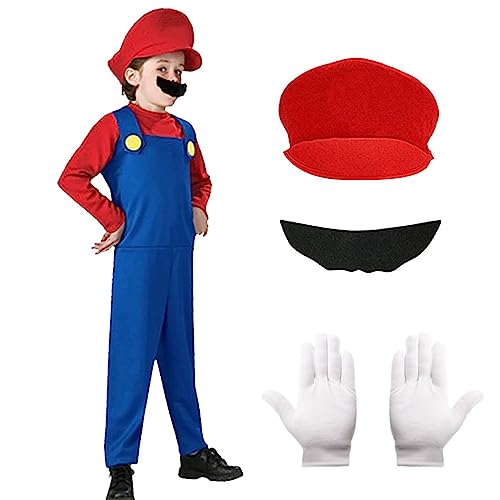 Alaiyaky Mario und Luigi Kostüm für Erwachsene Kinder, Mario Kostüm Super Klempner Overall, Mario Bros Cosplay Outfit mit Hut Bart Handschuhen, Mario Outfit für Halloween Karneval (Jungen Mario, XL) von Alaiyaky