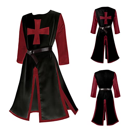 Alaiyaky Mittelalter Ritter Kostüm Erwachsener, Mittelalter Kleidung Herren Tempelritter Cosplay Waffenrock Kreuzritter Kostüm, Wikinger Tunika für Kostümparty Karneval Halloween (Rot Schwarz, S) von Alaiyaky