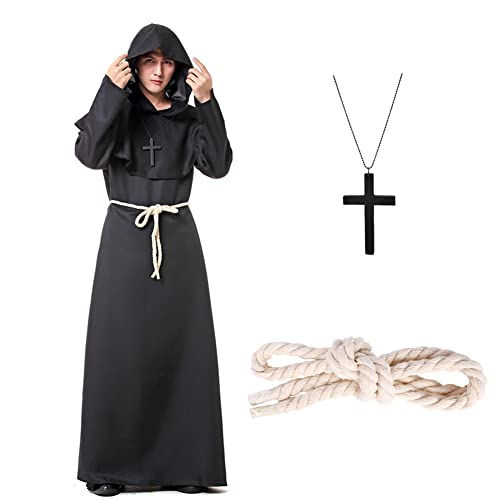 Alaiyaky Priester Robe Mönch Kleid Mittelalter Kostüm Herren Schwarze Robe mit Kapuze Renaissance Gewand mit Halskette und Gürtel, Mönchs Uniform Für Halloween Karneval Mittelalter Party (Schwarz, S) von Alaiyaky