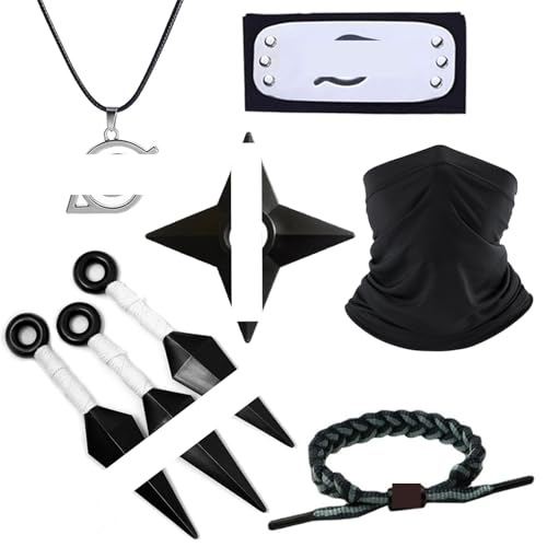 Alaiyaky Ninja Kakashi Maske Anime Cosplay mit Blattdorf Stirnband Zubehör Kakashi Halskette Kunai Shuriken (8 Stück, schwarz) von Alaiyaky