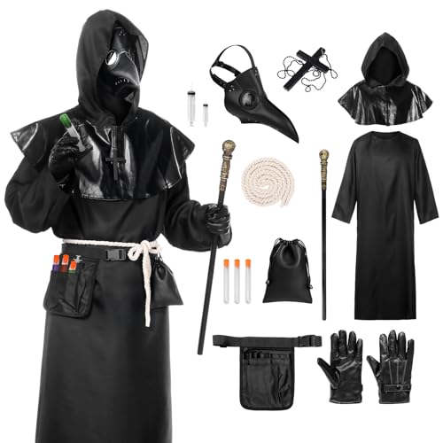 Alaiyaky Pestdoktor Kostüm Set, Plague Doctor Costume Pest Doktor Kostüm Herren Outfits mit Pestdoktor Maske Zepter Kreuz-Halskette Gürtel Beutels, Karneval Kostüm für Erwachsene (Schwarz, S) von Alaiyaky