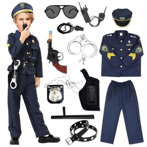 Alaiyaky Polizei Kostüm Kinder, 12 Pcs Polizist Kostüm Kinder Polizei Set Polizei Kostüm mit Mütze Handschellen Brille Walkie Talkie Taktstock, Polizei Ausrüstung Kinder für Karneval (Polizei, 120) von Alaiyaky