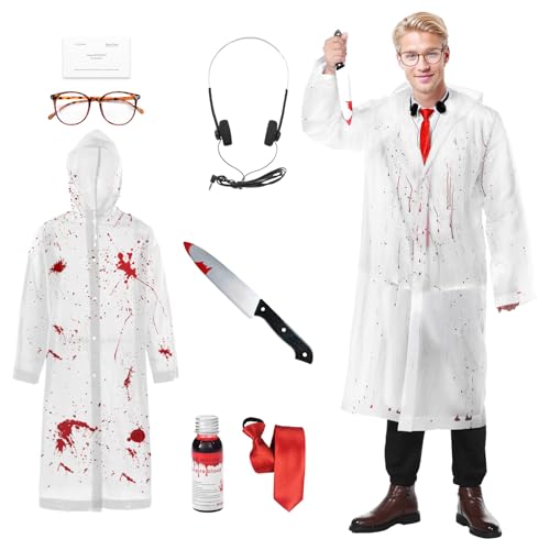 Alaiyaky Psycho-Kostüm für Erwachsene, transparenter Regenmantel, rote Krawatte, Kunstmesser, Kopfhörer, Brille, Visitenkarte und Kunstblut (Stil A, F) von Alaiyaky