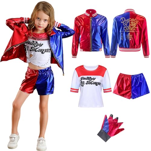 Alaiyaky Quinn Cosplay Kostüm für Kinder,Bösewicht Suicide Kostüm enthalten Handschuhe, Jacke, T-Shirt, Shorts,Halsband für Halloween Karneval Fancy Dress (110, Rot und Blau) von Alaiyaky
