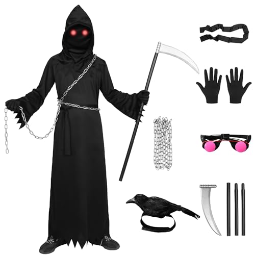 Alaiyaky Sensenmann Cosplay Kostüm für Kinder Erwachsene, Scary Reaper Kostüm mit Sense Geisterketten Glühende Augen, Grim Reaper Verkleidung Set für Halloween Karnevals Themenparty (Anzug B, XL) von Alaiyaky