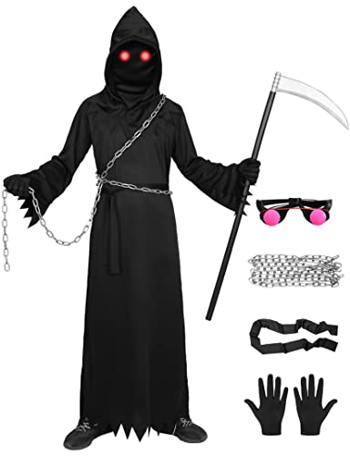 Alaiyaky Sensenmann Cosplay Kostüm für Kinder Erwachsene, Scary Reaper Kostüm mit Sense Geisterketten Glühende Augen, Grim Reaper Verkleidung Set für Halloween Karnevals Themenparty (S, Kinder) von Alaiyaky