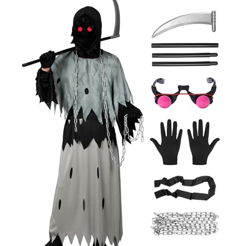 Alaiyaky Sensenmann Kostüm für Kinder Erwachsene, Gruseliges Sensenmann Kostüm set Sensenmann Roben mit Ketten Brille Sense Kapuze, Grauer Sensenmann Outfit für Halloween Horrorparty （Sill B, 155） von Alaiyaky