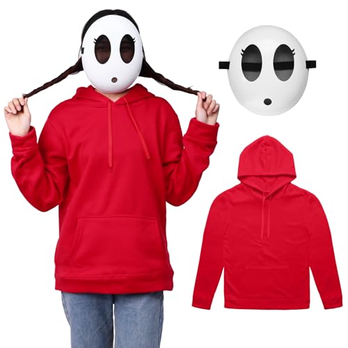 Alaiyaky Shy Guy Kostüm und Maske, Karnevalskostüm für Damen und Herren, Jumpman-Outfits mit rotem Hoodie und weißer Maske, Karnevalskostüm für Erwachsene (Damen, L) von Alaiyaky