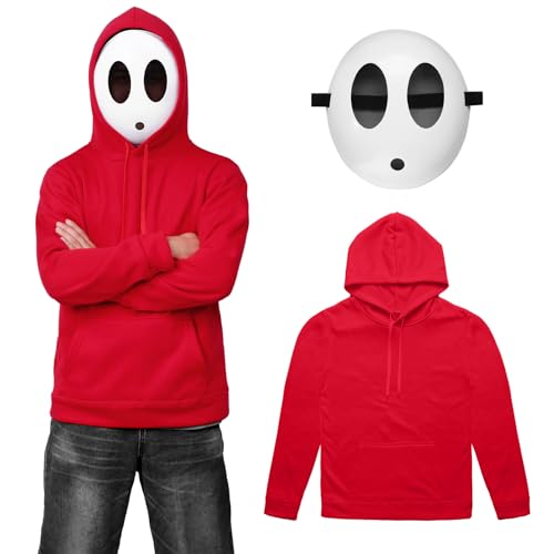Alaiyaky Shy Guy Kostüm und Maske, Karnevalskostüm für Damen und Herren, Jumpman-Outfits mit rotem Hoodie und weißer Maske, Karnevalskostüm für Erwachsene (Herren, XXL) von Alaiyaky