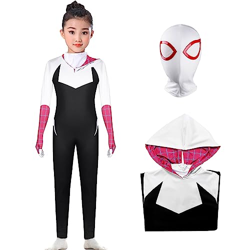 Alaiyaky Spiderman Kostüm Kinder, Superheld Cosplay Kids Party Ankleiden Jumpsuit 3D Anime Anzugfür Kinder Halloween Karneval Rollenspiel Overall mit Maske (Gwen, 150) von Alaiyaky