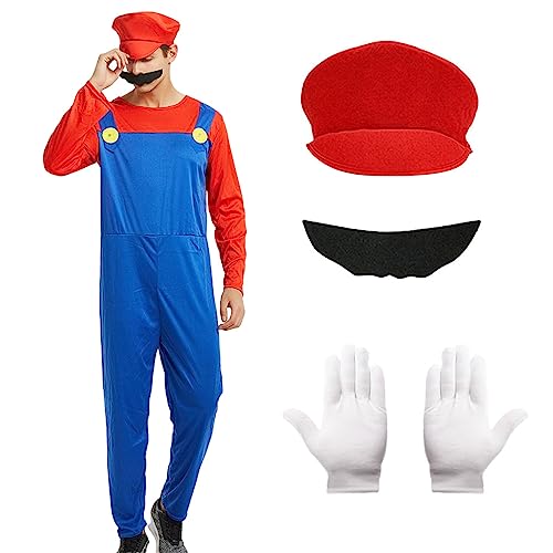 Alaiyaky Mario und Luigi Kostüm für Erwachsene Kinder, Mario Kostüm Super Klempner Overall, Mario Bros Cosplay Outfit mit Hut Bart Handschuhen, Mario Outfit für Halloween Karneval (Herren Mario, S) von Alaiyaky