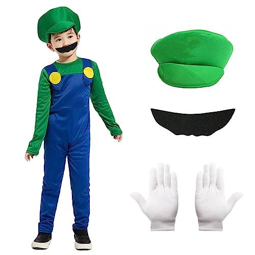 Alaiyaky Mario und Luigi Kostüm für Erwachsene Kinder, Mario Kostüm Super Klempner Overall, Mario Bros Cosplay Outfit mit Hut Bart Handschuhen, Mario Outfit für Halloween Karneval (Jungen Luigi, XL) von Alaiyaky