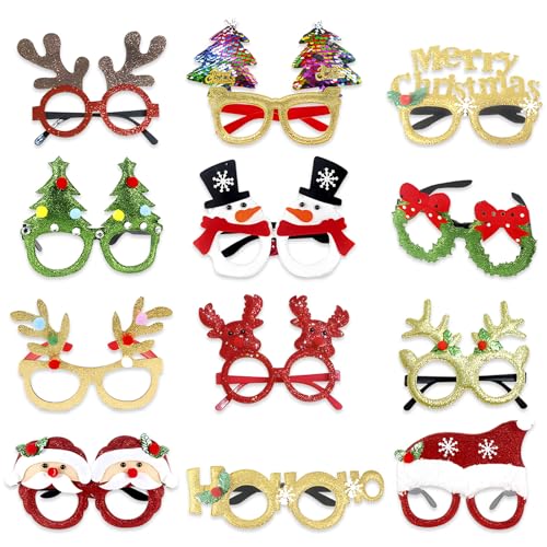 Alaiyaky Weihnachtsbrillen, 12 Stück Weihnachtsfeier Gläser und Weihnachtsmütze Lustig Fotobox Accessoires Weihnachten, Glitzer Weihnachts Brille Weihnachts Accessoires für Weihnachtsdeko (Set B) von Alaiyaky
