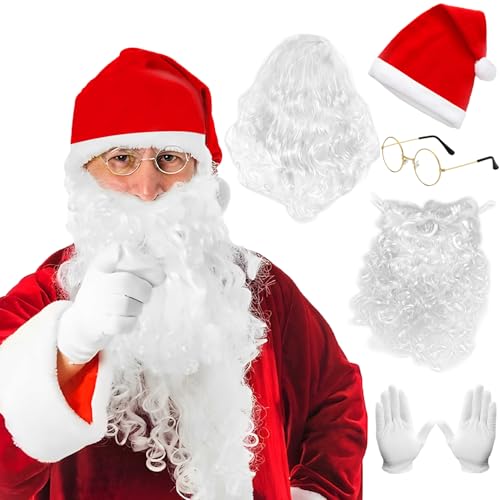 Alaiyaky Weihnachtsmann Bart und Perücke Set, 6 Stück Weihnachtsmann Kostüm Accessories mit Weihnachtsmann Perücke Nikolausbart Weihnachtsmütze Weihnachtsbrille Handschuhe, für Weihnachten Cosplay von Alaiyaky
