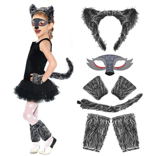 Alaiyaky Wolf Kostüm Set, Wolf Kostüm Kinder Faschingskostüme Tierkostüm Kinder mit Wolf Maske Therian Tail Wolfsohren Handschuhe Beinwärmer, Werwolf Kostüm für Karneval Halloween (7 Teiliges, F) von Alaiyaky