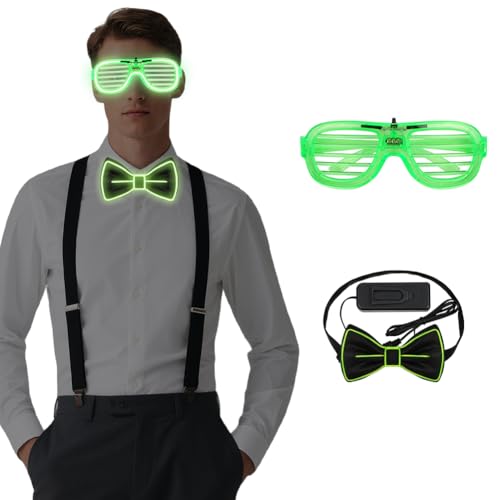 Alaoo 2 Stück LED Rave Outfit Accessories Set,Verdrahtet Neon Rave Brille und LED Fliege,Neon-leuchtendes Party Supplies für Musik Festival,Halloween-Kostümparty,Weihnachtsgeschenke,Rave-Party,Grün von Alaoo
