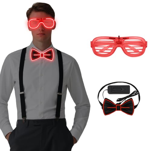 Alaoo 2 Stück LED Rave Outfit Accessories Set,Verdrahtet Neon Rave Brille und LED Fliege,Neon-leuchtendes Party Supplies für Musik Festival,Halloween-Kostümparty,Weihnachtsgeschenke,Rave-Party,Rot von Alaoo