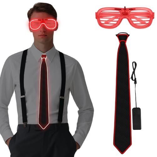 Alaoo 2 Stück LED Rave Outfit Accessories Set,Verdrahtet Neon Rave Brille und LED Krawatte,Neon-leuchtendes Party Supplies für Musik Festival,Halloween-Kostümparty,Weihnachtsgeschenke,Rave-Party,Rot von Alaoo